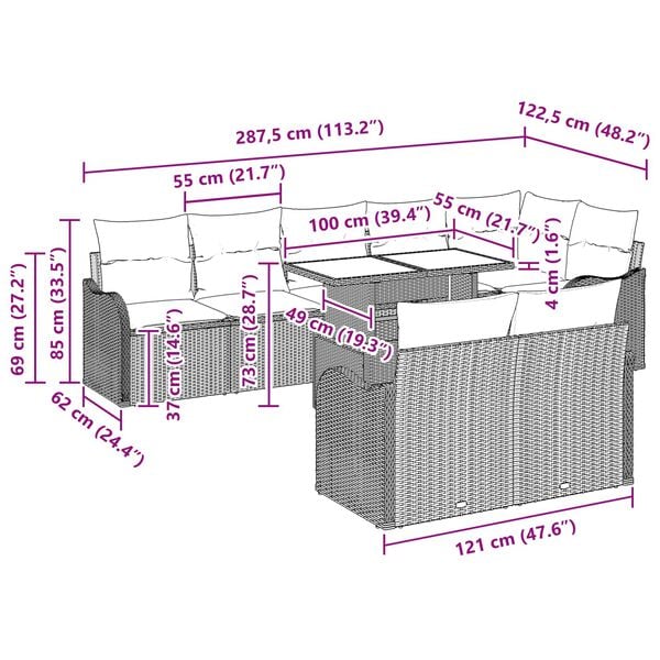 vidaXL Tuin Sofa Set met kussen 9 pcs Lichtgrijs Poly Rattan