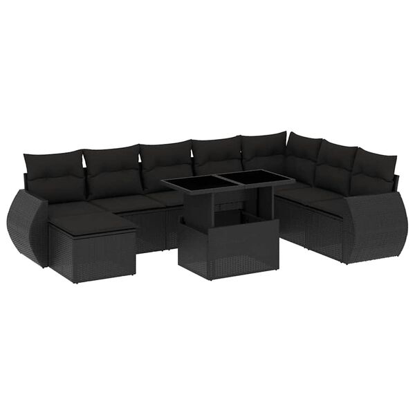 vidaXL 9-delige Loungeset met kussens poly rattan zwart
