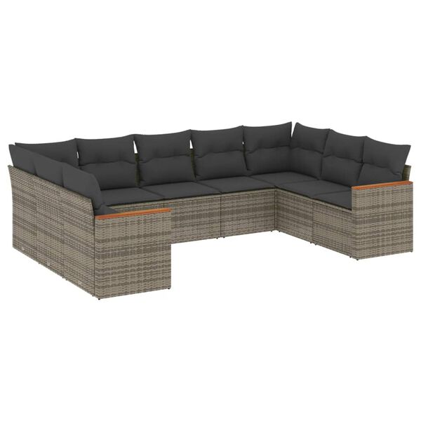 vidaXL 9-delige Loungeset met kussens poly rattan grijs