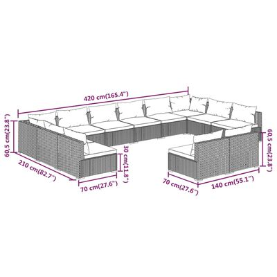 vidaXL 12-delige Loungeset met kussens poly rattan grijs