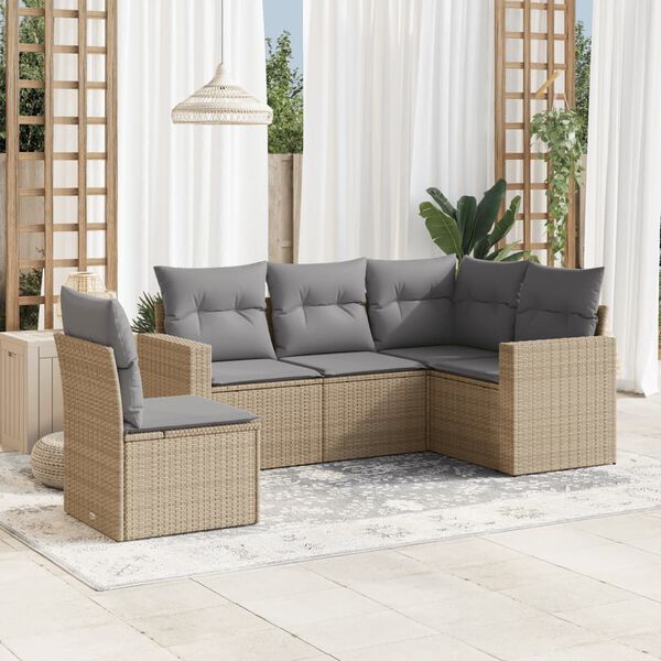 vidaXL 5-delige Loungeset met kussens poly rattan beige