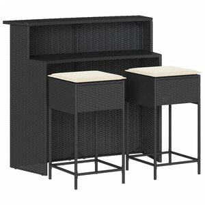 vidaXL 3-delige Tuinbarset met kussens poly rattan zwart