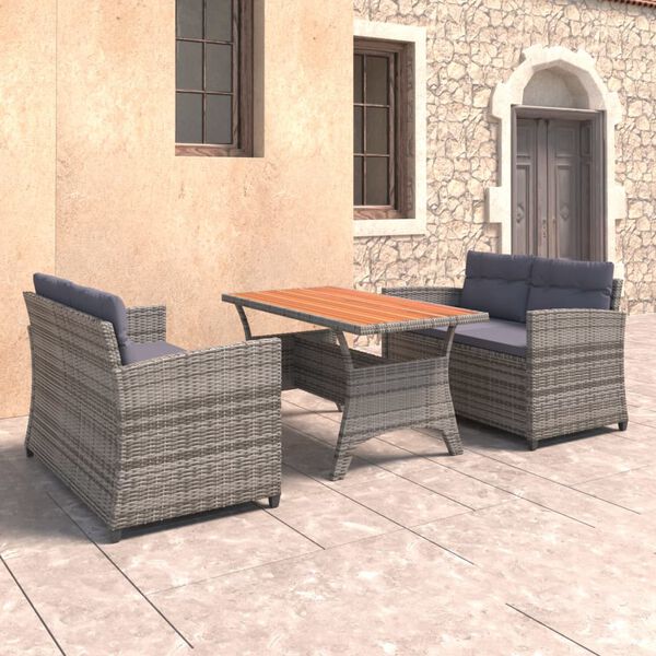 vidaXL 3-delige Loungeset met kussens poly rattan grijs