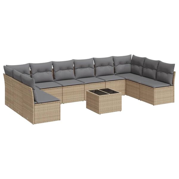 vidaXL 11-delige Tuinset met kussens poly rattan beige
