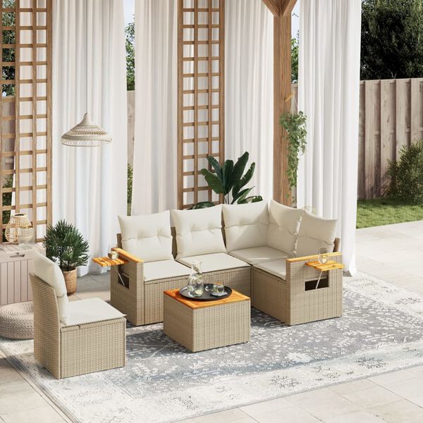 vidaXL 6-delige Loungeset met kussens poly rattan beige