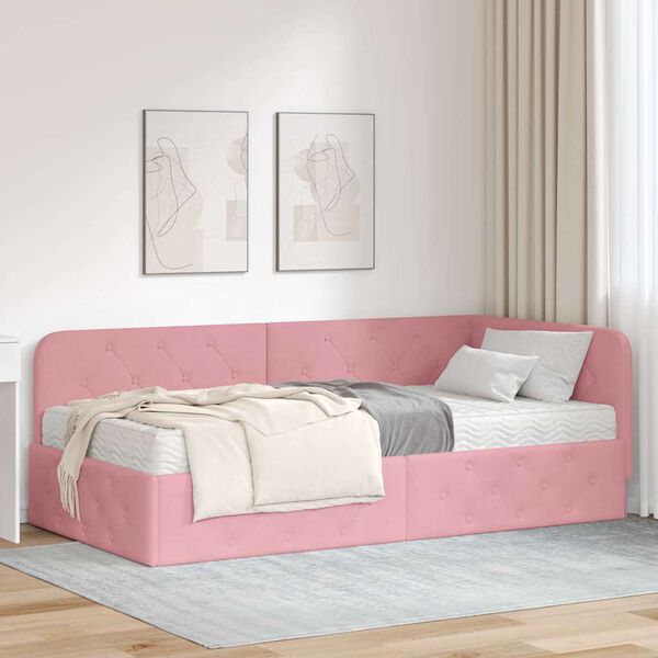 vidaXL Hoekbedframe met matras met hoofdeinde Roze 90 x 190 cm Fluweel