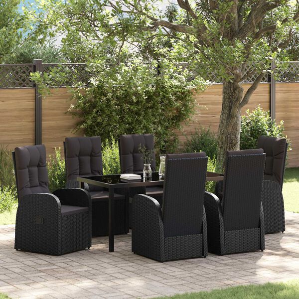 vidaXL Tuin eettafelset met kussen 7 pcs Zwart poly rattan