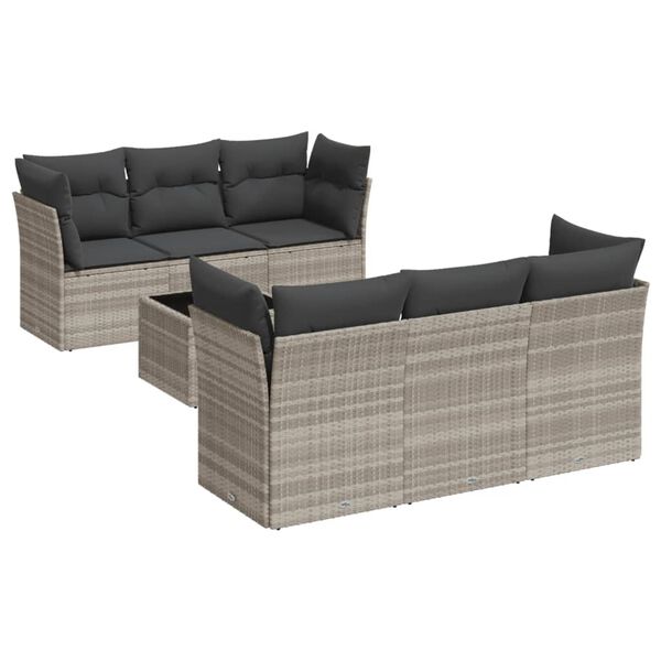 vidaXL 7-delige Loungeset met kussens poly rattan lichtgrijs