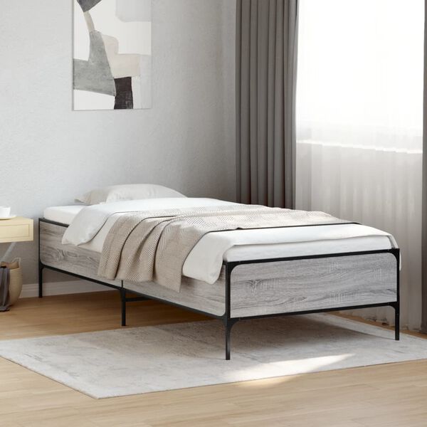vidaXL Bedframe bewerkt hout en metaal grijs sonoma eiken 75x190 cm