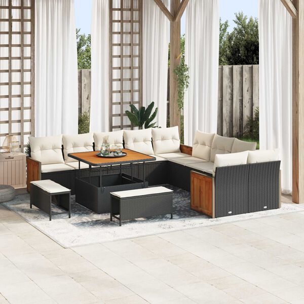 vidaXL Tuinbankenset met kussen 17 pcs Zwart en Cr&egrave;me poly rattan