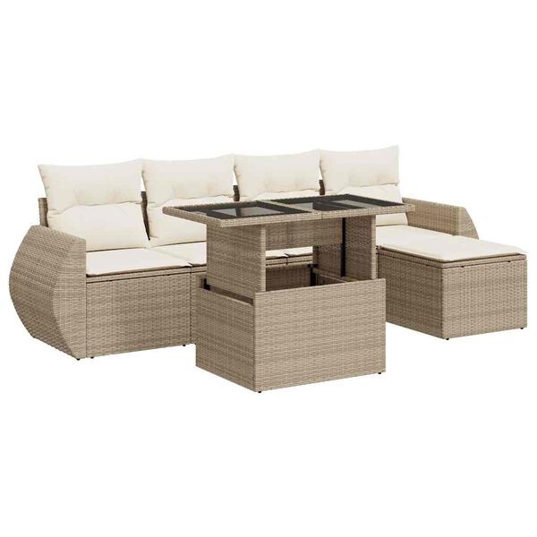vidaXL 6-delige Loungeset met kussens poly rattan beige