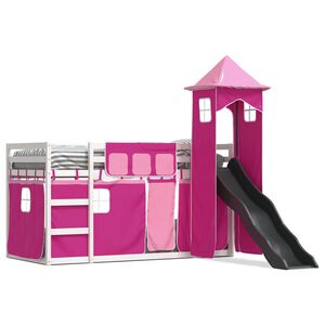 vidaXL Stapelbed met glijbaan en gordijnen roze 90x200 cm