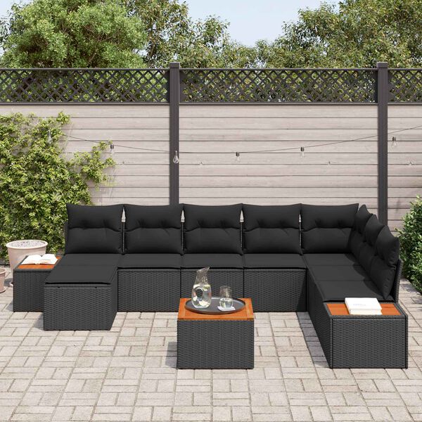 vidaXL Tuinbankenset met kussen met opslag 9 pcs Zwart Polyrattan