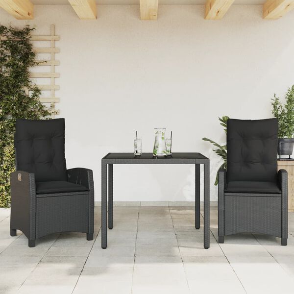 vidaXL 3-delige Tuinset met kussens poly rattan zwart