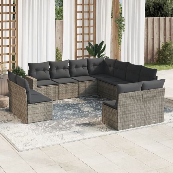 vidaXL 11-delige Loungeset met kussens poly rattan grijs