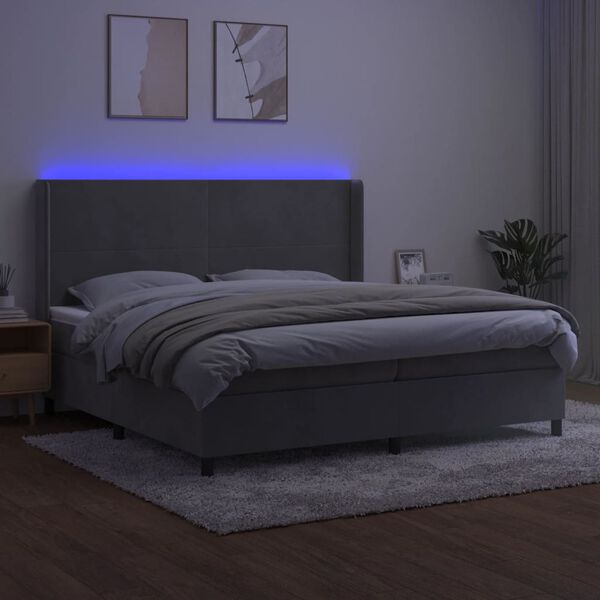 vidaXL Boxspring met matras en LED fluweel lichtgrijs 200x200 cm