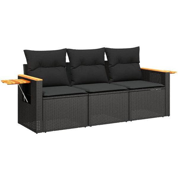 vidaXL 3-delige Loungeset met kussens poly rattan zwart