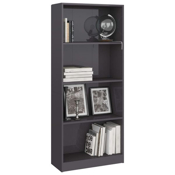 vidaXL Boekenkast 4 schappen 60x24x142 cm bewerkt hout hoogglans grijs