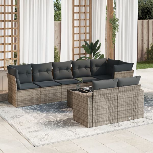 vidaXL 9-delige Loungeset met kussens poly rattan grijs
