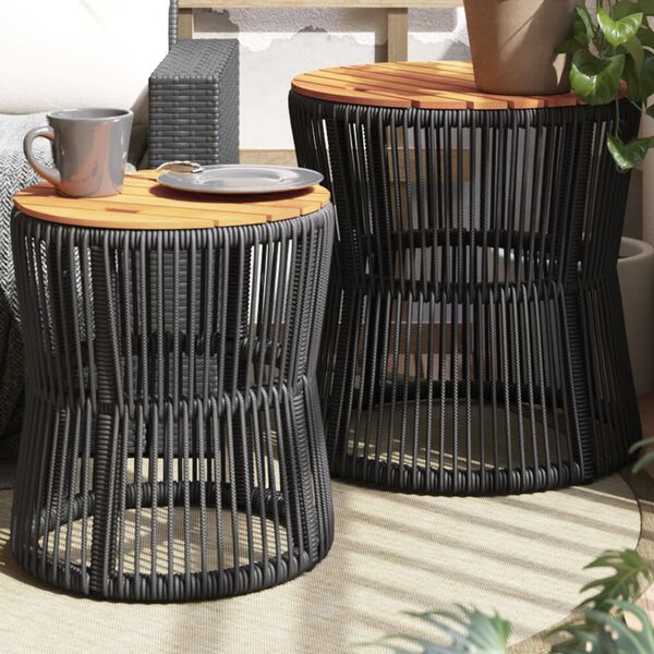 vidaXL Tuinbijzettafels 2 st met houten blad poly rattan zwart