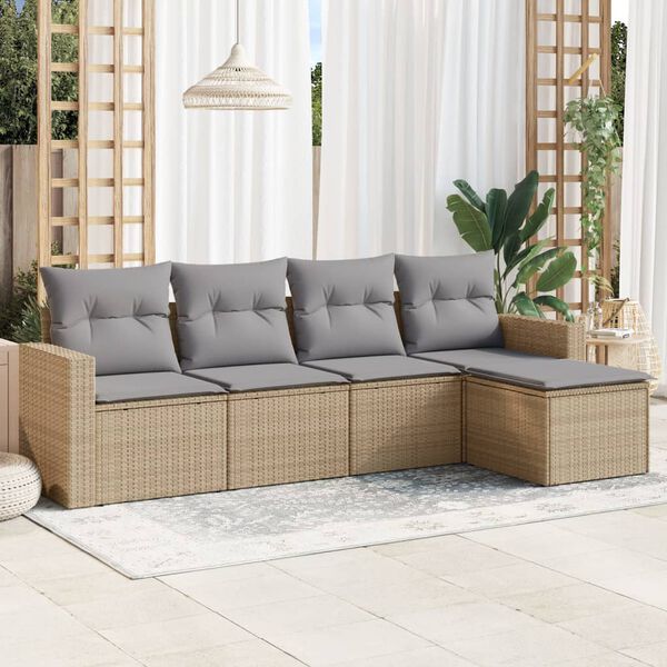vidaXL 5-delige Loungeset met kussens poly rattan beige