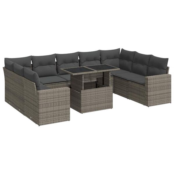 vidaXL 10-delige Loungeset met kussens poly rattan grijs