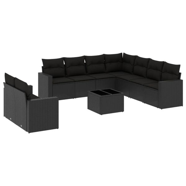 vidaXL 10-delige Loungeset met kussens poly rattan zwart