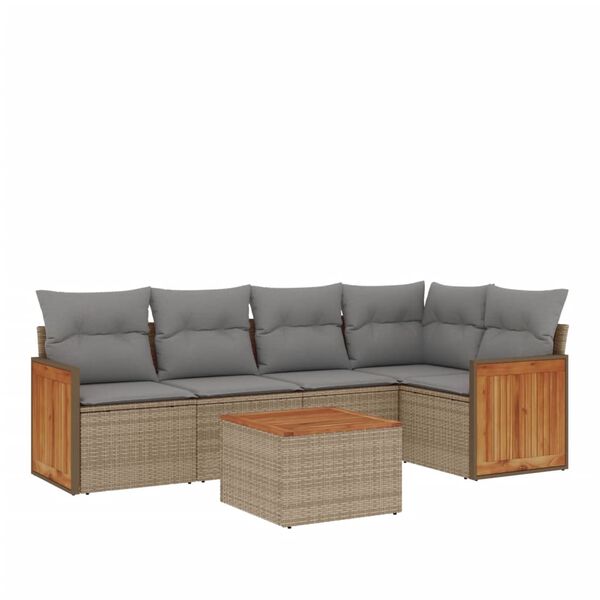 vidaXL 6-delige Loungeset met kussens poly rattan beige