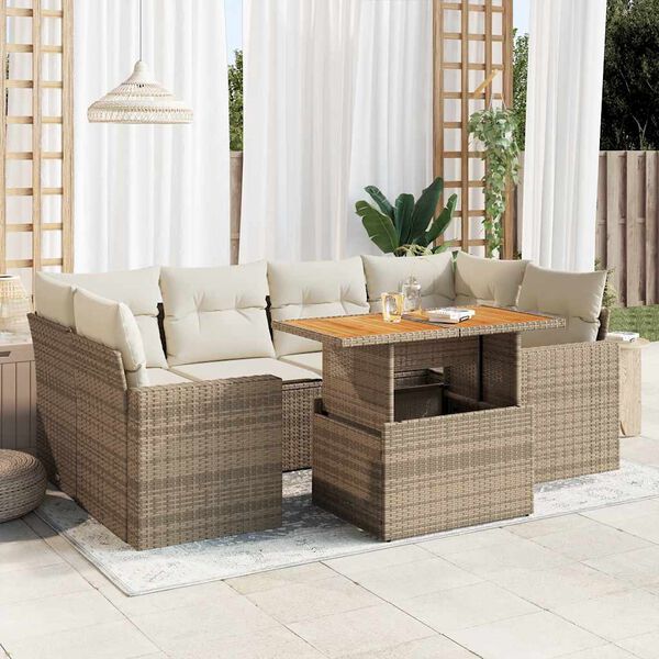 vidaXL 7-delige Loungeset met kussens poly rattan beige