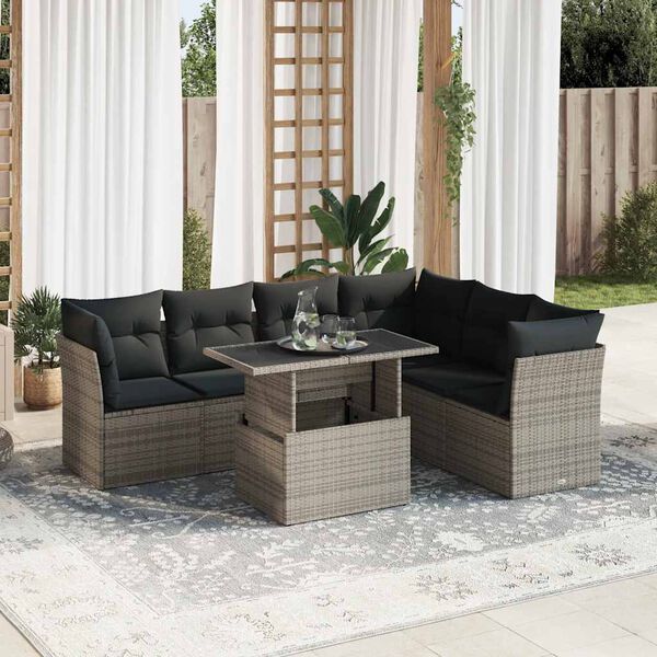 vidaXL 7-delige Loungeset met kussens poly rattan grijs