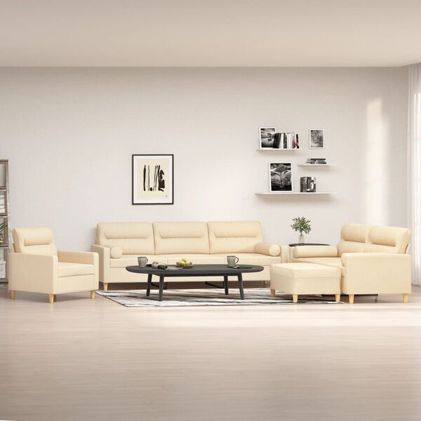vidaXL 4-delige Loungeset met sierkussens en kussens stof crèmekleurig