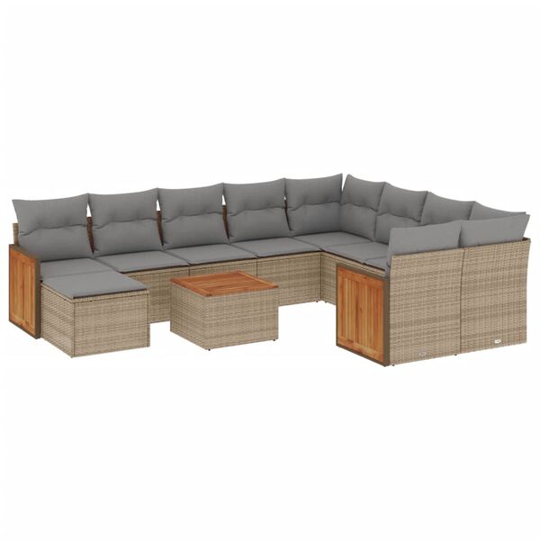 vidaXL 11-delige Tuinset met kussens poly rattan beige