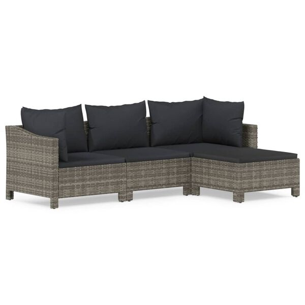 vidaXL 4-delige Loungeset met kussens poly rattan grijs