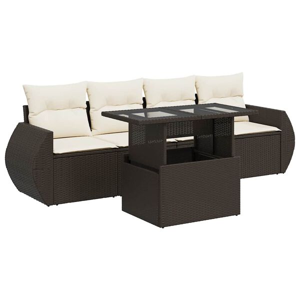 vidaXL 5-delige Loungeset met kussens poly rattan bruin
