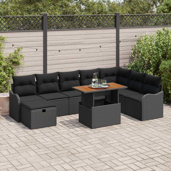 vidaXL Tuinbankenset met kussen met opslag 9 pcs Zwart poly rattan