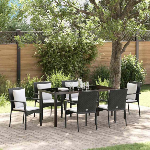 vidaXL Tuin eettafelset met kussen 7 pcs Zwart poly rattan