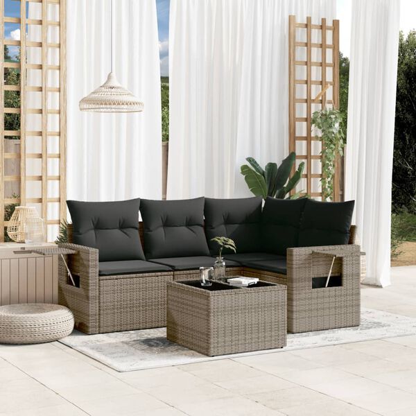 vidaXL 5-delige Loungeset met kussens poly rattan grijs