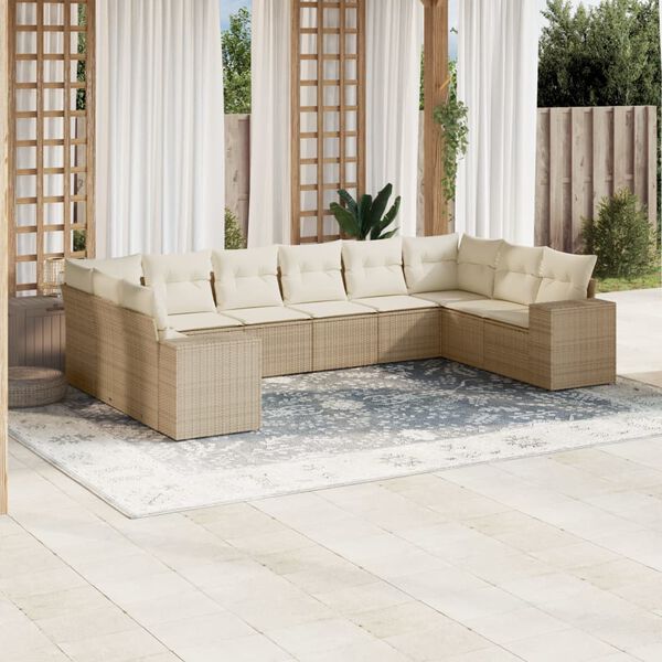 vidaXL 10-delige Loungeset met kussens poly rattan beige
