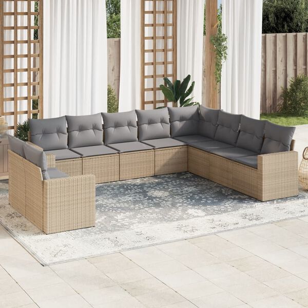 vidaXL 10-delige Loungeset met kussens poly rattan beige