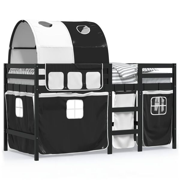 vidaXL Kinderhoogslaper met tunnel 90x200 cm grenenhout wit en zwart