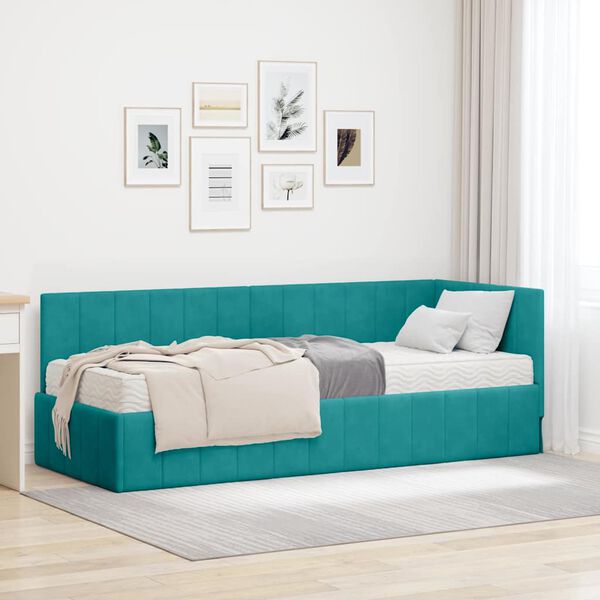 vidaXL Hoekbedframe met Matras met matras 2 pcs Turquoise Fluweel