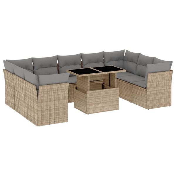 vidaXL 10-delige Loungeset met kussens poly rattan beige
