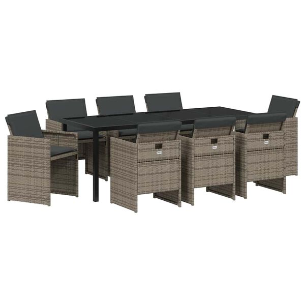 vidaXL Tuin eettafelset met kussen 9 pcs Grijs poly rattan