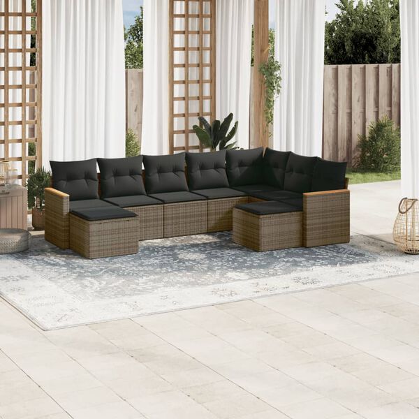vidaXL 9-delige Loungeset met kussens poly rattan grijs