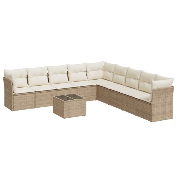 vidaXL 10-delige Loungeset met kussens poly rattan beige