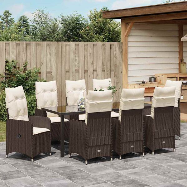 vidaXL Tuin Eetset met kussen 9 pcs Bruin Poly riet
