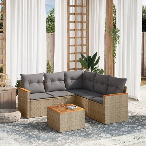 vidaXL 6-delige Loungeset met kussens poly rattan gemengd beige
