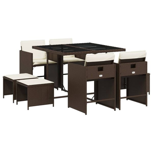 vidaXL 9-delige Tuinset met kussens poly rattan bruin