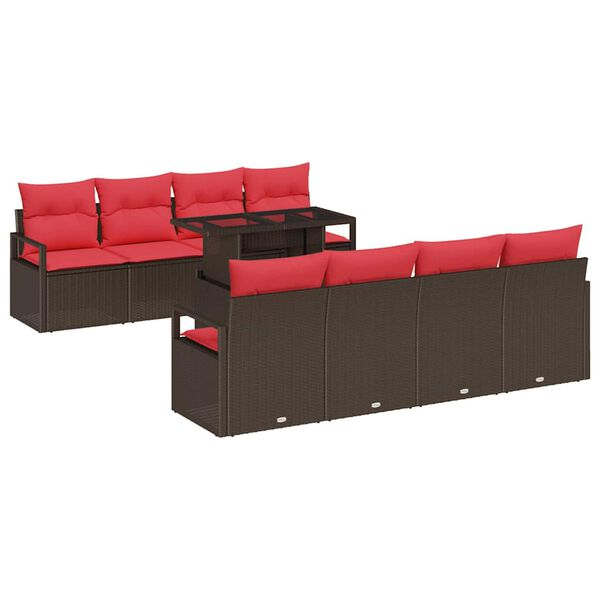 vidaXL Tuin Sofa Set met opslag 9 pcs Bruin en Rood poly rattan