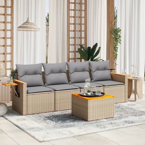vidaXL 5-delige Loungeset met kussens poly rattan beige
